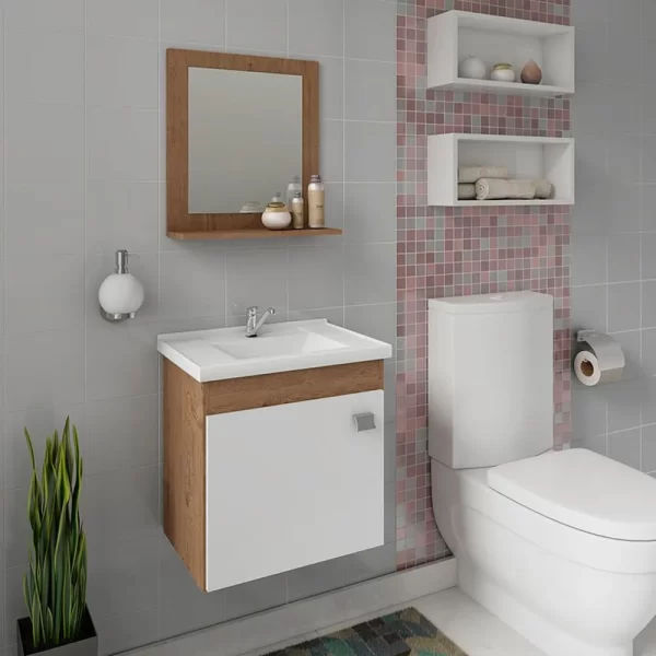 Gabinete de Banheiro com Lavatorio e Espelho 44cm Iris Amendoa Branco